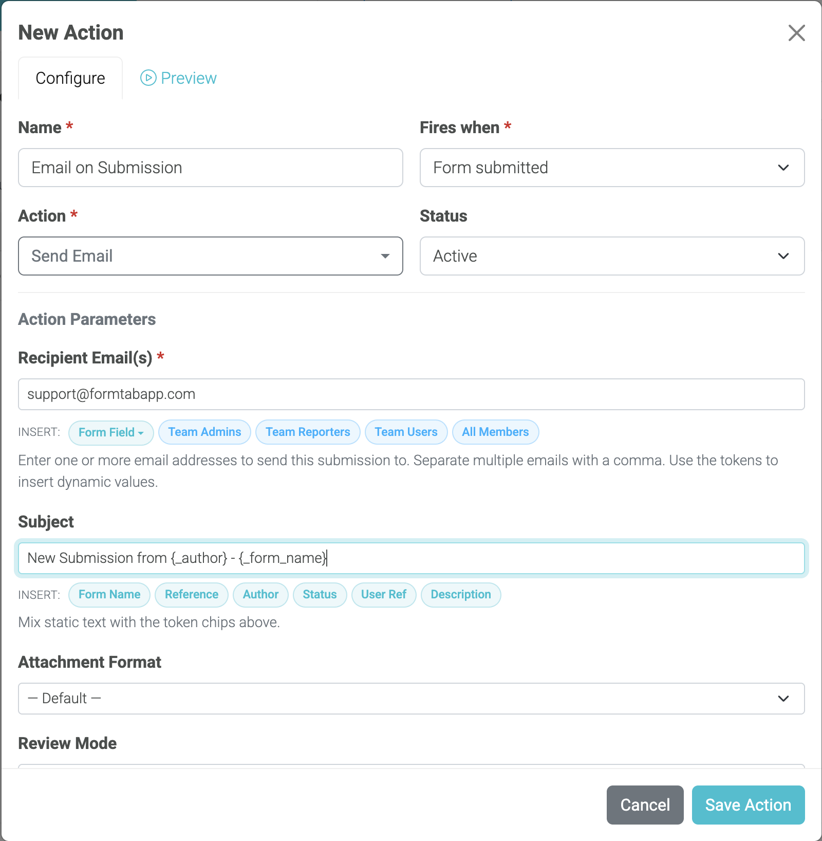 Workflow Action editor